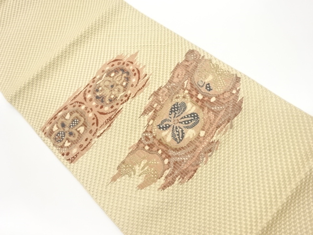 変わり横段に抽象花・丸文模様織出し名古屋帯